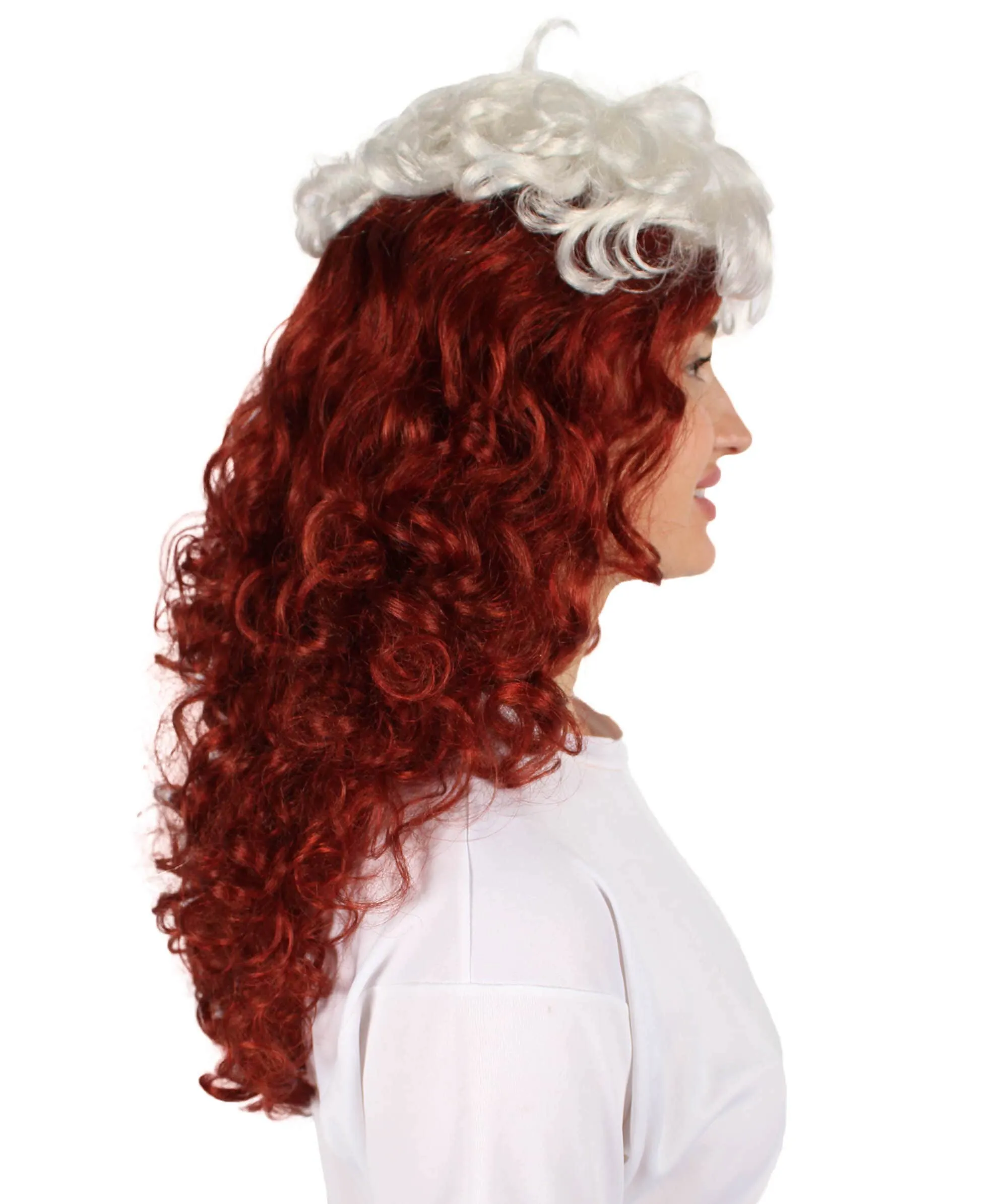 HPO Adult Women’s Mutant Comic Superhero Auburn 90s Curly Wig with White Streak in Front, Flame-retardant Synthetic Fiber Cosplay Wig