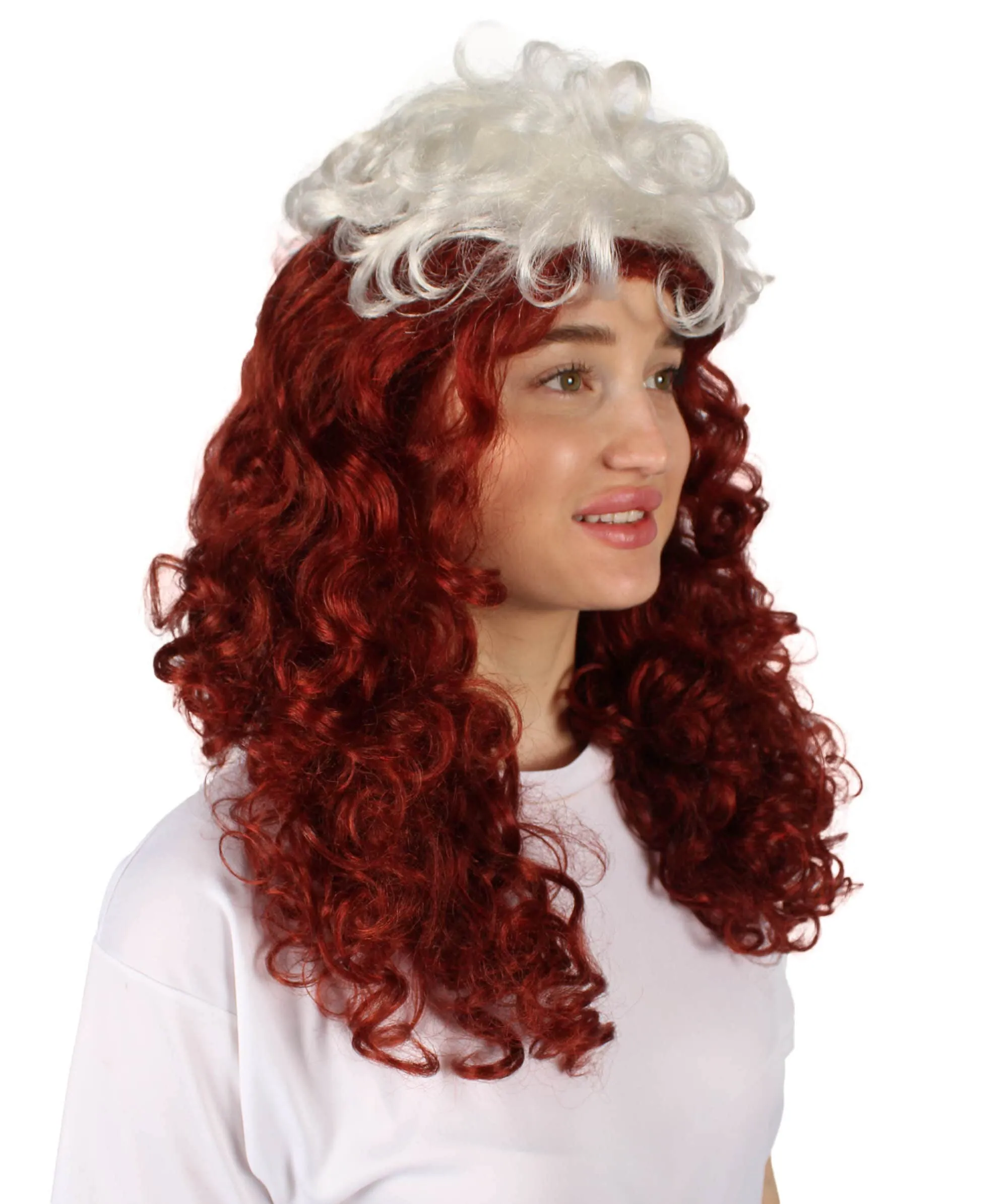 HPO Adult Women’s Mutant Comic Superhero Auburn 90s Curly Wig with White Streak in Front, Flame-retardant Synthetic Fiber Cosplay Wig