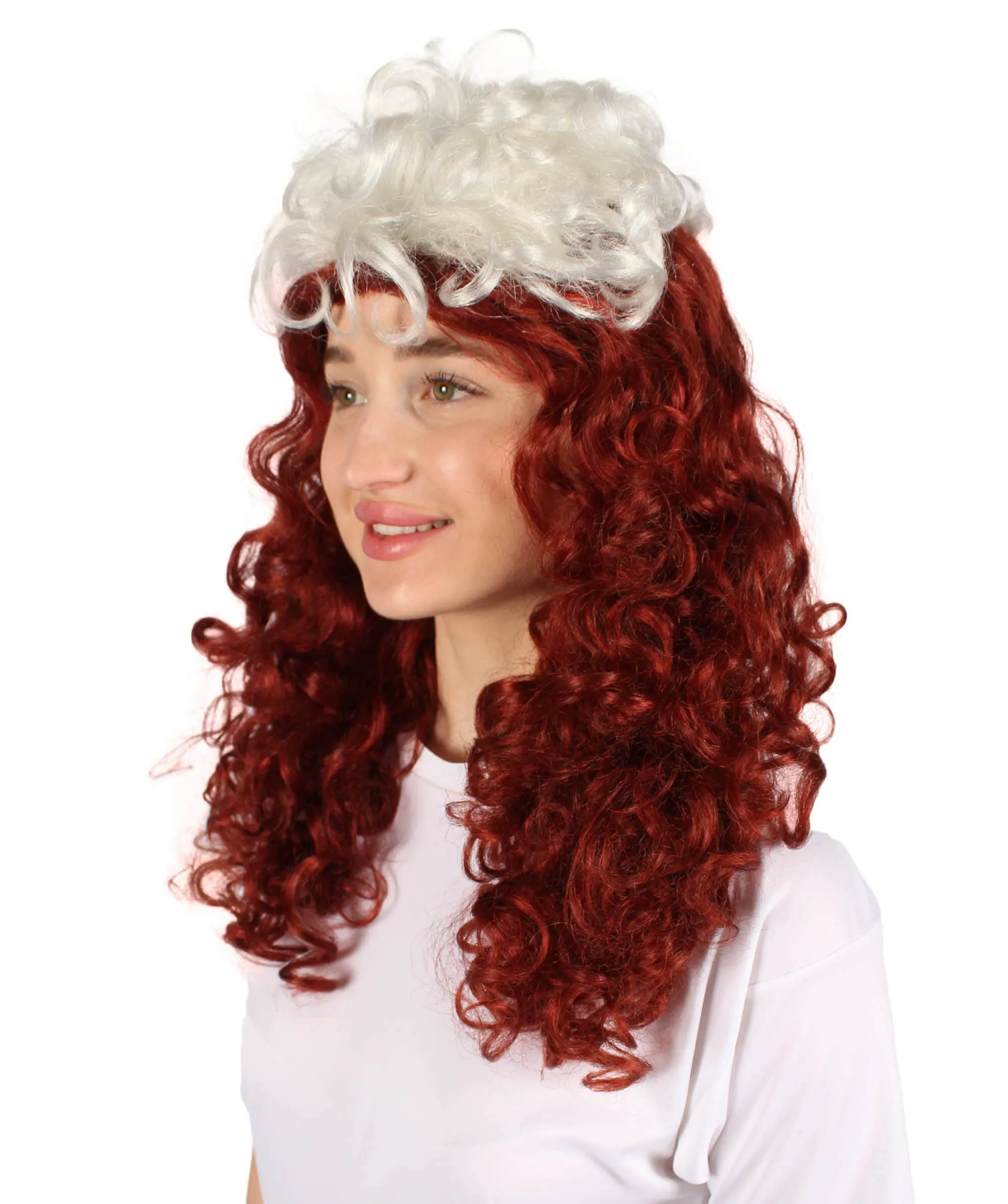 HPO Adult Women’s Mutant Comic Superhero Auburn 90s Curly Wig with White Streak in Front, Flame-retardant Synthetic Fiber Cosplay Wig