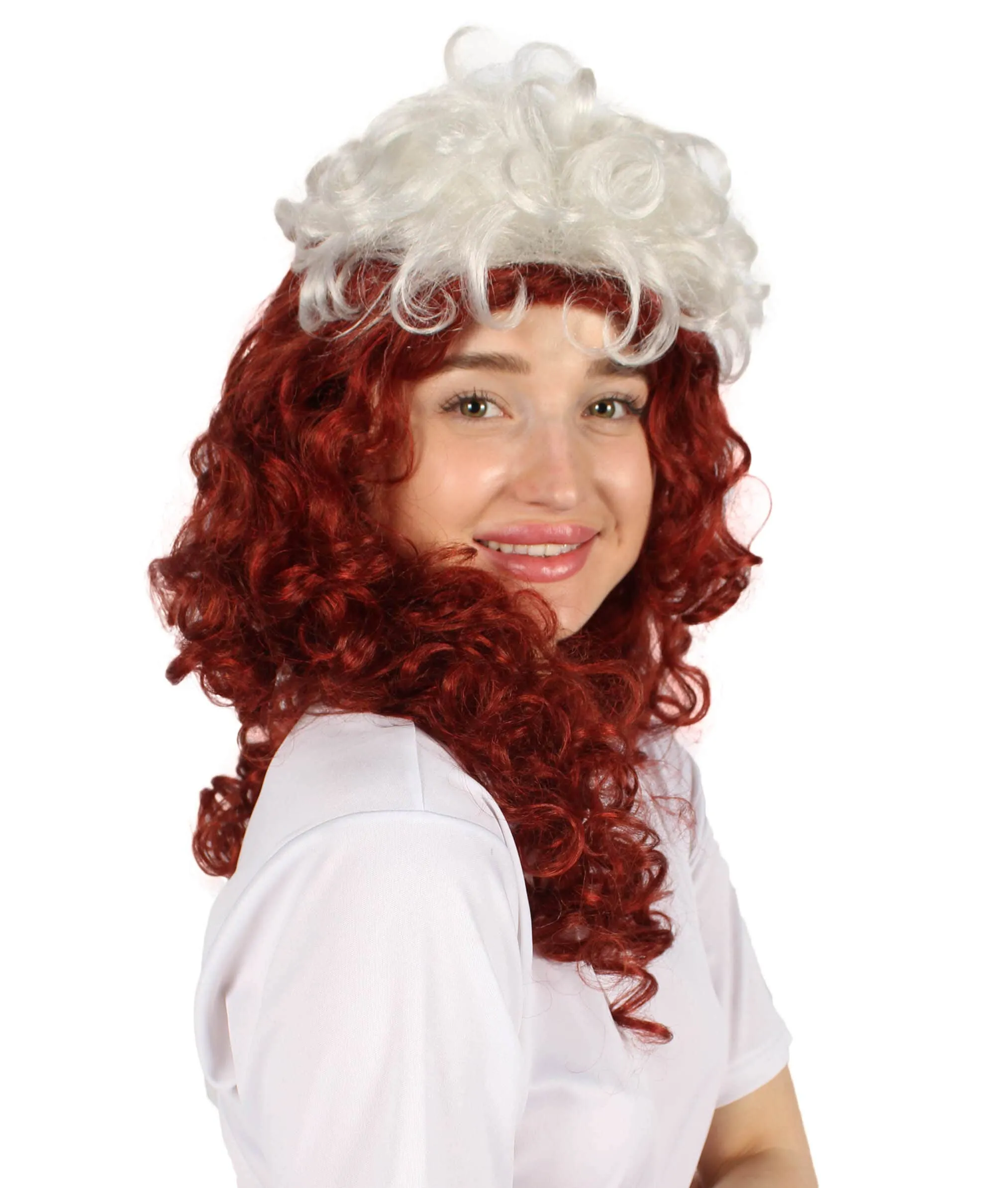 HPO Adult Women’s Mutant Comic Superhero Auburn 90s Curly Wig with White Streak in Front, Flame-retardant Synthetic Fiber Cosplay Wig