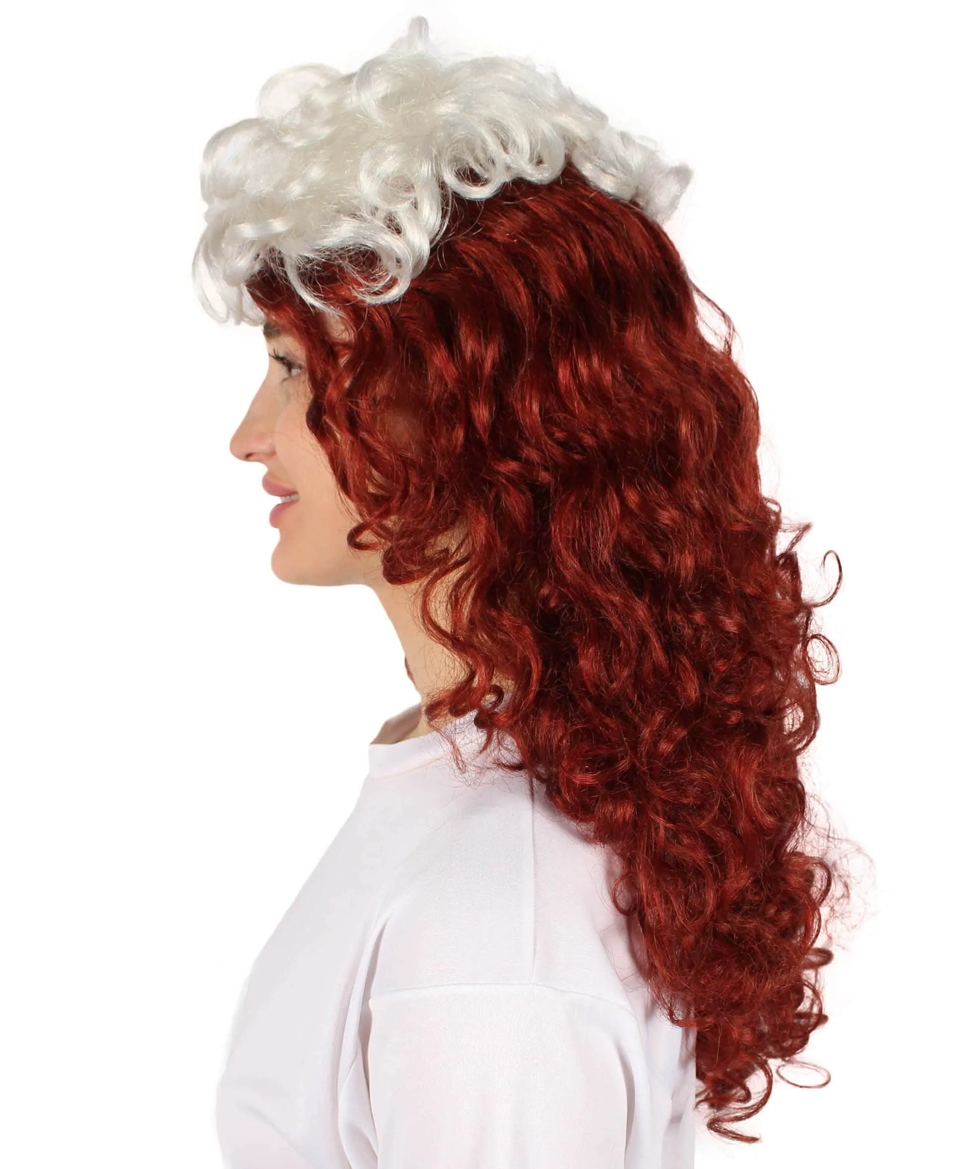 HPO Adult Women’s Mutant Comic Superhero Auburn 90s Curly Wig with White Streak in Front, Flame-retardant Synthetic Fiber Cosplay Wig