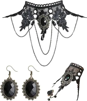 HUASAI Gothic Black Choker Earrings Bracelet Set Witch Costume Women Gothic Accessories Vintage Goth Jewelry Set Black Ring Gloves Vampire Choker Necklace Halloween Costume
