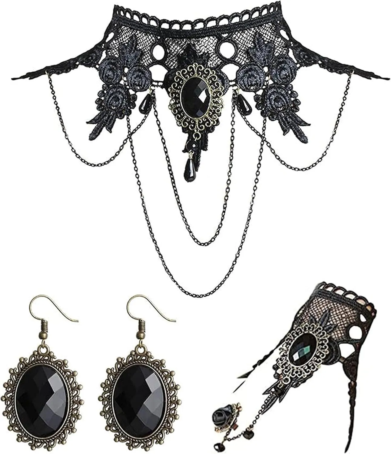 HUASAI Gothic Black Choker Earrings Bracelet Set Witch Costume Women Gothic Accessories Vintage Goth Jewelry Set Black Ring Gloves Vampire Choker Necklace Halloween Costume