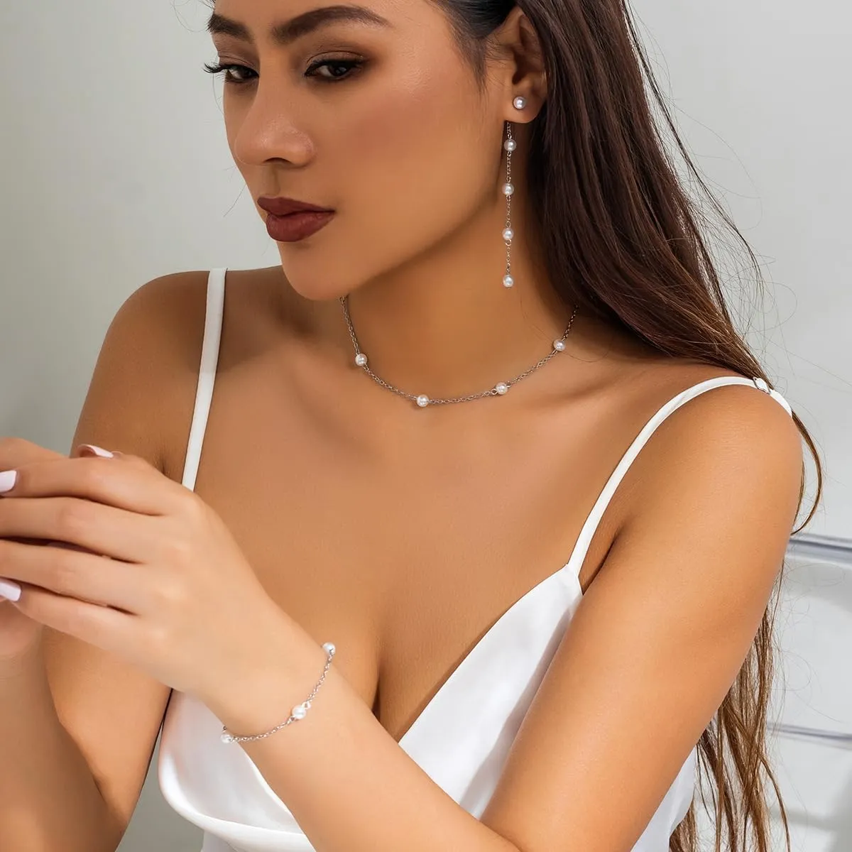 INENIMARTJ Pearl Necklace and Earring Set - Dainty Pearl Choker Necklace, Earrings for Women - Perfect for Prom, Wedding, Bridal, Bridesmaid