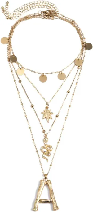 Initial Leaf Pendant Layered Necklace Jewelry, 4 Layered Dainty Layered Necklace Gold for Women