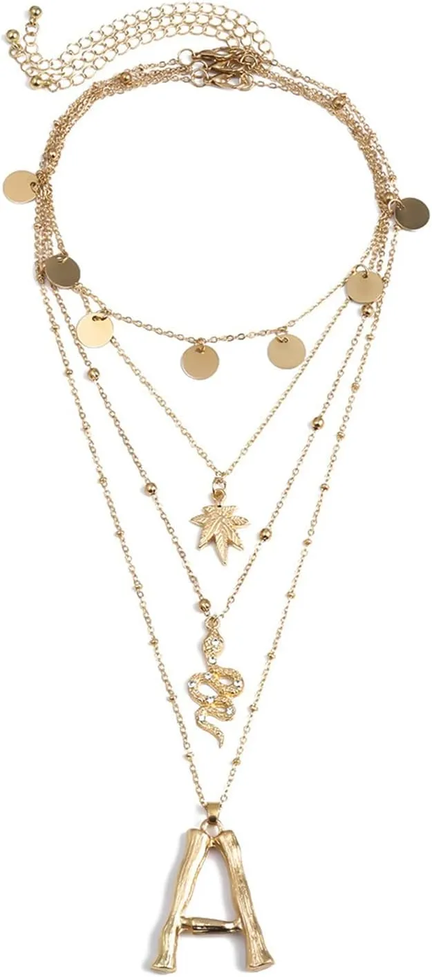 Initial Leaf Pendant Layered Necklace Jewelry, 4 Layered Dainty Layered Necklace Gold for Women