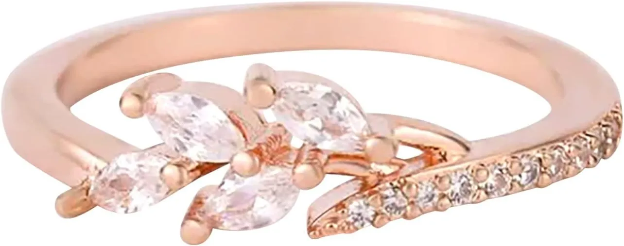 Inlaid Zircon Leaf Ring for Women CZ Simulated Diamond Minimalist Design Ring Engagement Rings (Rose Gold, 5)