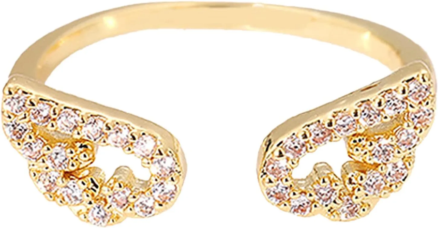 Inlaid Zircon Wing Ring for Women Minimalist Design Adjustable Opening Ring Statement Ring (Gold, One Size)