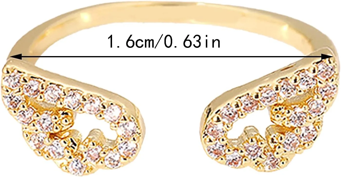 Inlaid Zircon Wing Ring for Women Minimalist Design Adjustable Opening Ring Statement Ring (Gold, One Size)
