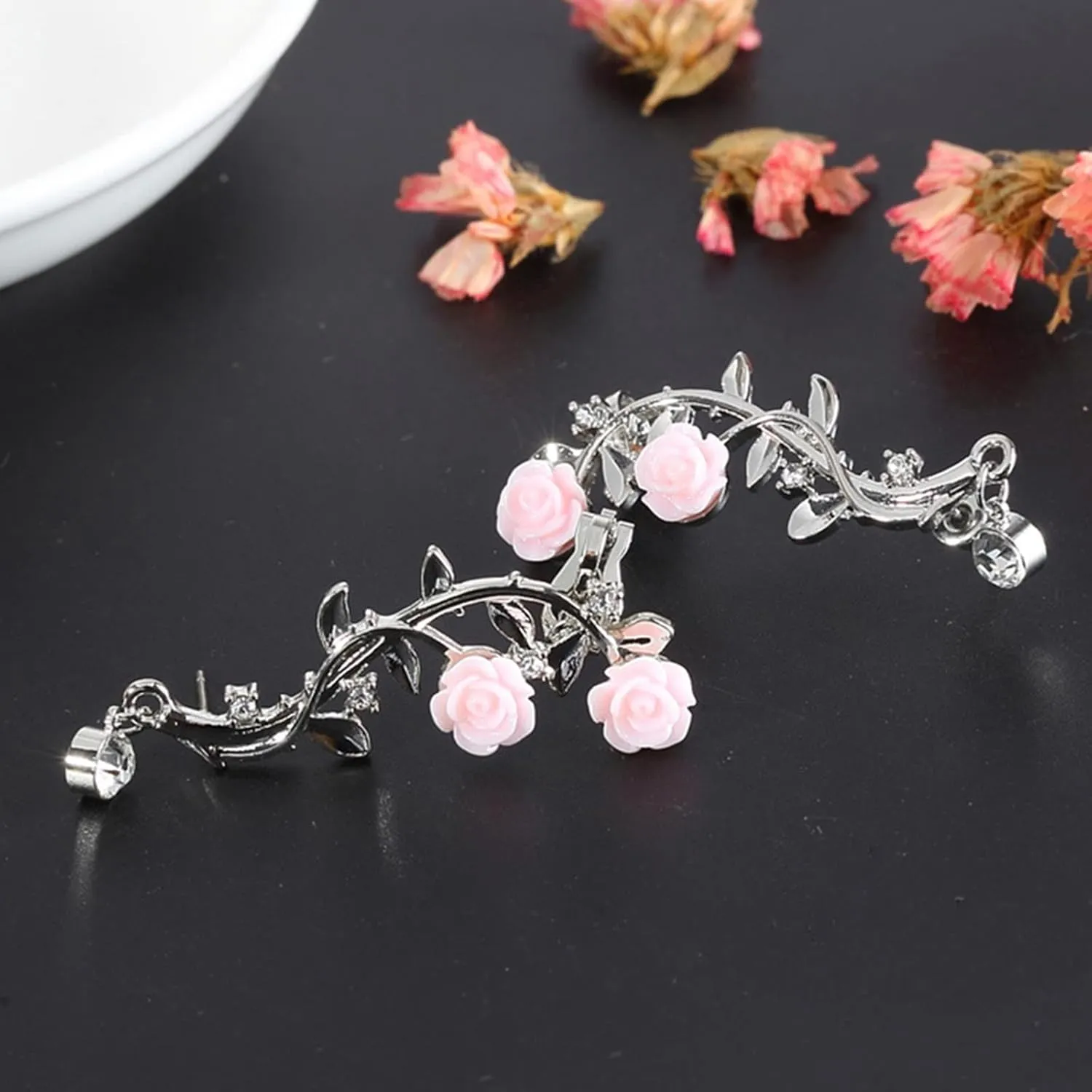 Jewelry Set Women's Style Style Earrings Vintage Women Rose Flower Branch Rhinestone Climber Crawler Earrings Ear Jewelry (Silver, One Size)