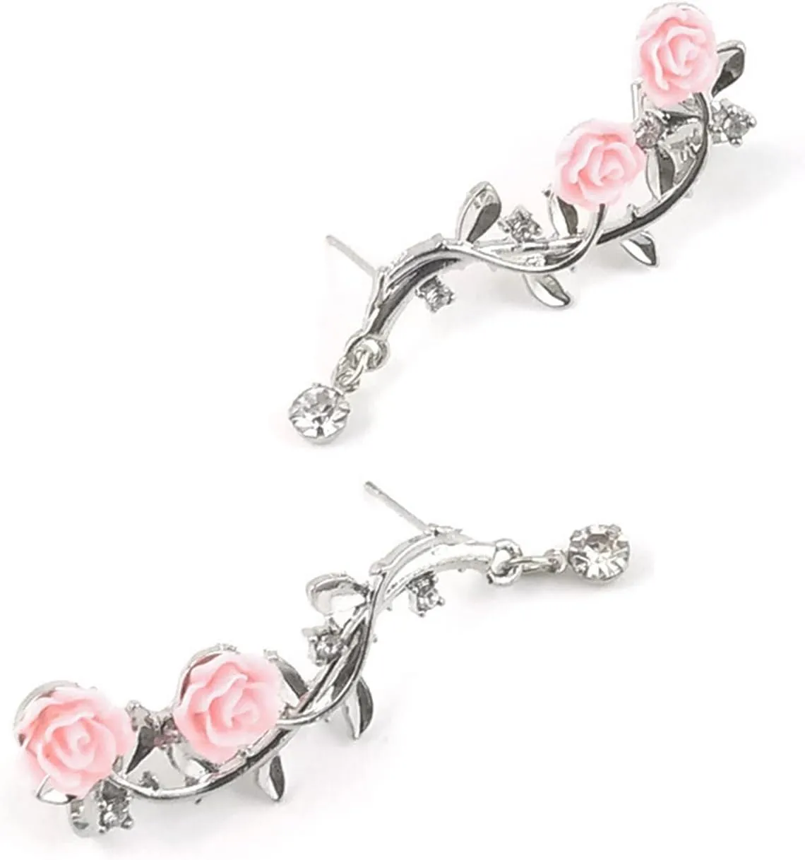 Jewelry Set Women's Style Style Earrings Vintage Women Rose Flower Branch Rhinestone Climber Crawler Earrings Ear Jewelry (Silver, One Size)