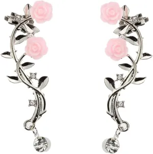 Jewelry Set Women's Style Style Earrings Vintage Women Rose Flower Branch Rhinestone Climber Crawler Earrings Ear Jewelry (Silver, One Size)