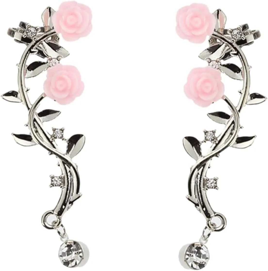 Jewelry Set Women's Style Style Earrings Vintage Women Rose Flower Branch Rhinestone Climber Crawler Earrings Ear Jewelry (Silver, One Size)