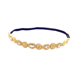 Jilukibo Fashion Handmade Crystal Rhinestone Beads Headband, Retro Style Elastic Hairband Jewelry Hair Accessories Headwraps for Women Brides (Gold)