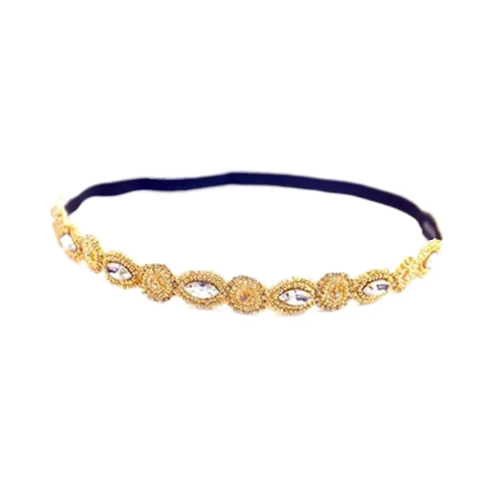Jilukibo Fashion Handmade Crystal Rhinestone Beads Headband, Retro Style Elastic Hairband Jewelry Hair Accessories Headwraps for Women Brides (Gold)