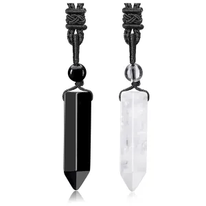 Jovivi 2pcs Crystal Necklaces for Men Women Handmade Adjustable Rope Natural Clear Quartz Black Obsidian Hexagonal Point Healing Crystal Stone Pendant Necklaces Quartz Gemstone Jewelry