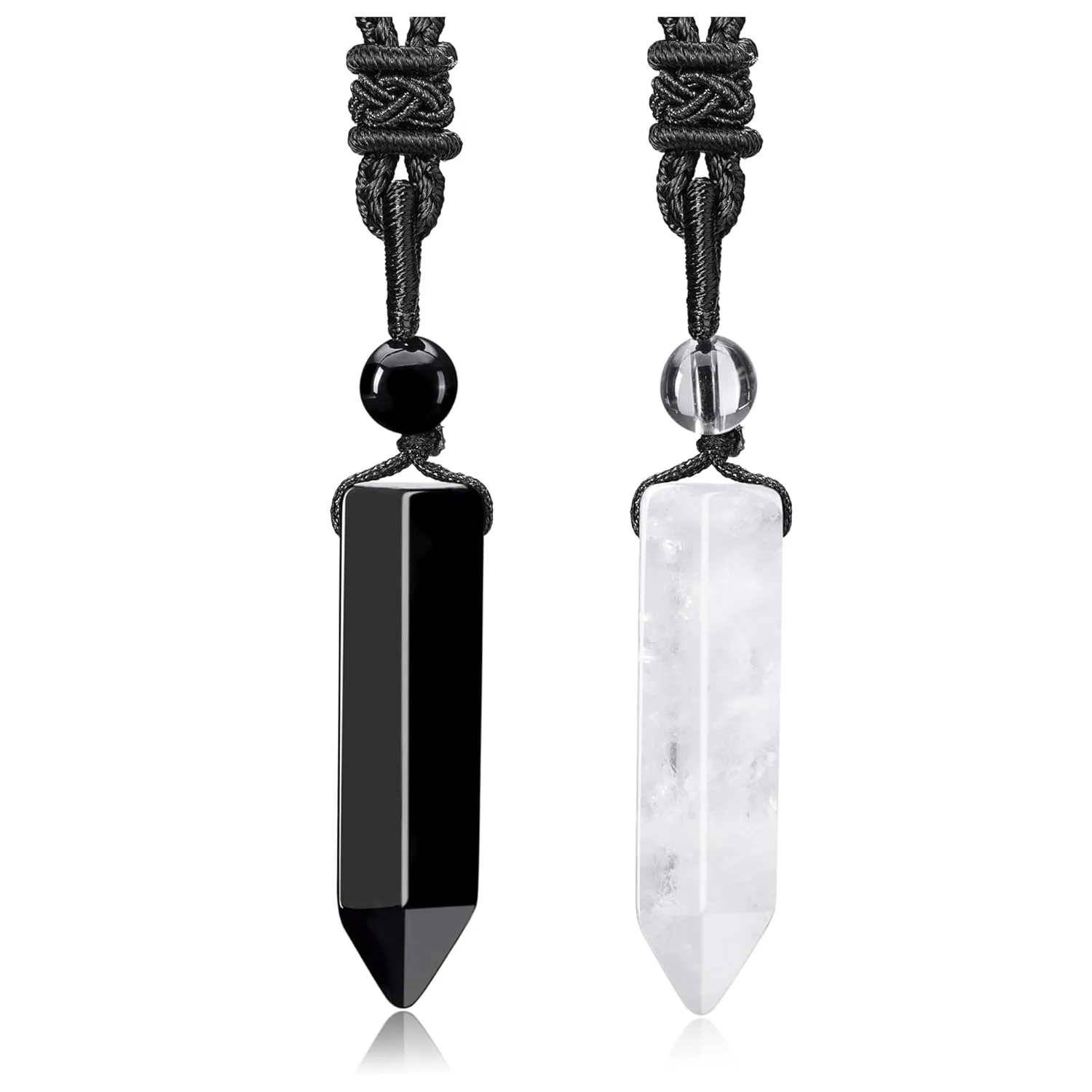 Jovivi 2pcs Crystal Necklaces for Men Women Handmade Adjustable Rope Natural Clear Quartz Black Obsidian Hexagonal Point Healing Crystal Stone Pendant Necklaces Quartz Gemstone Jewelry