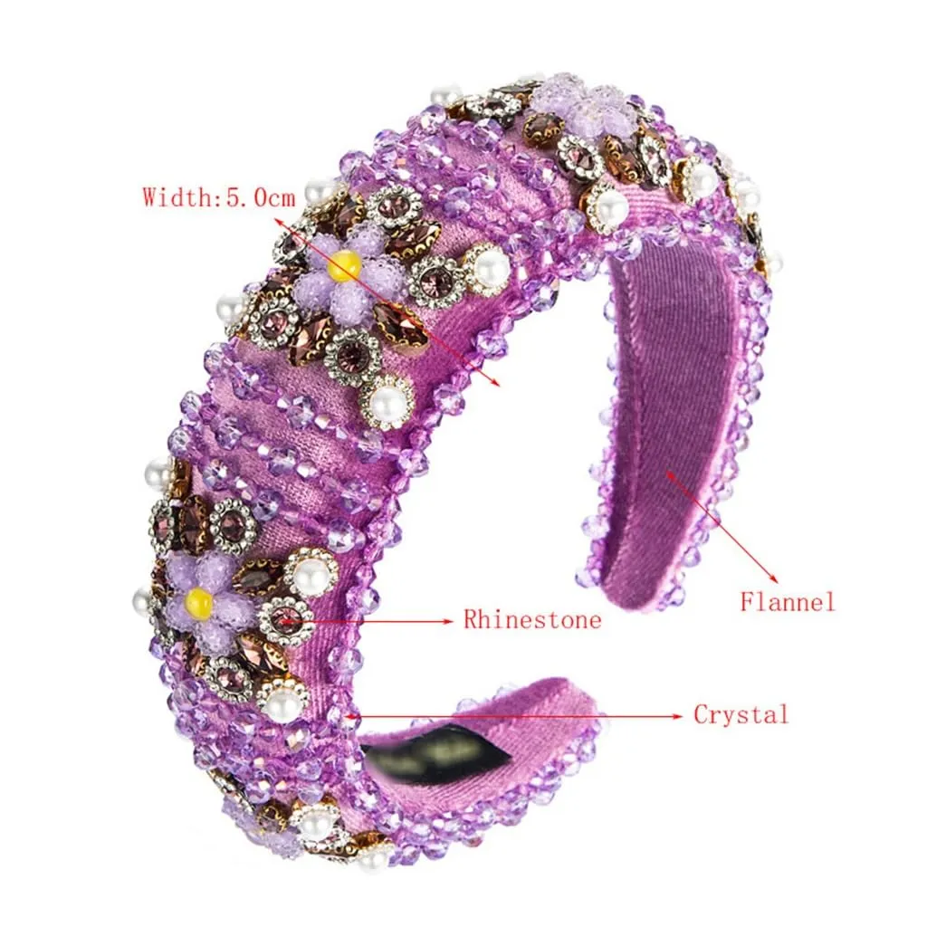 JSEIAJB Pearl Rhinestone Floral Hair Bands Velvet Crystal Wide Edge Hair Accessories