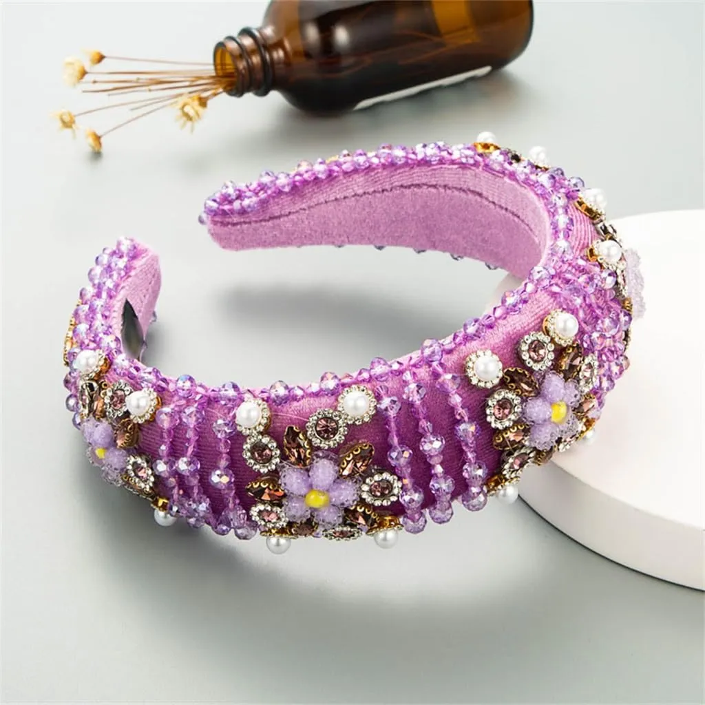 JSEIAJB Pearl Rhinestone Floral Hair Bands Velvet Crystal Wide Edge Hair Accessories