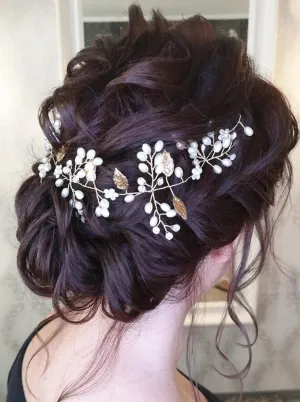 JWICOS Leaves Bride Wedding Headband Flower Girl Headpiece Pearl and Rhinestones Beads Hair Vine for Women and Girls (Silver)