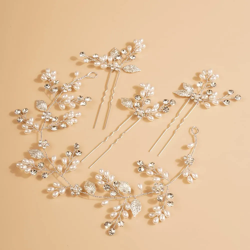 JWICOS Leaves Bride Wedding Headband Flower Girl Headpiece Pearl and Rhinestones Beads Hair Vine for Women and Girls (Silver)