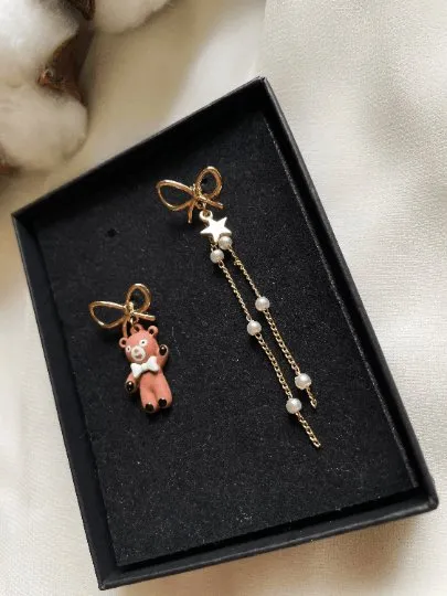 Kawaii - Cartoon earrings | Teddy earrings | Pearl dangle earrings | Mismatched earrings | Kawaii earrings