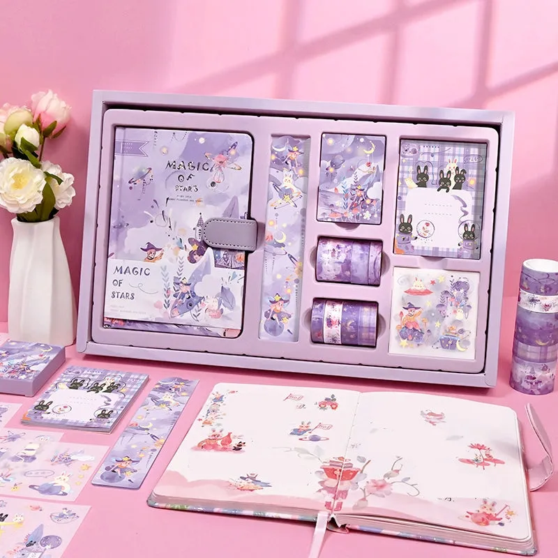 Kawaii Cartoon Magic Journal Gift Set - Magical Witch's Realm, Rabbits and Girls