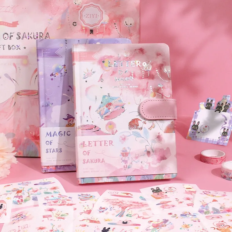 Kawaii Cartoon Magic Journal Gift Set - Magical Witch's Realm, Rabbits and Girls
