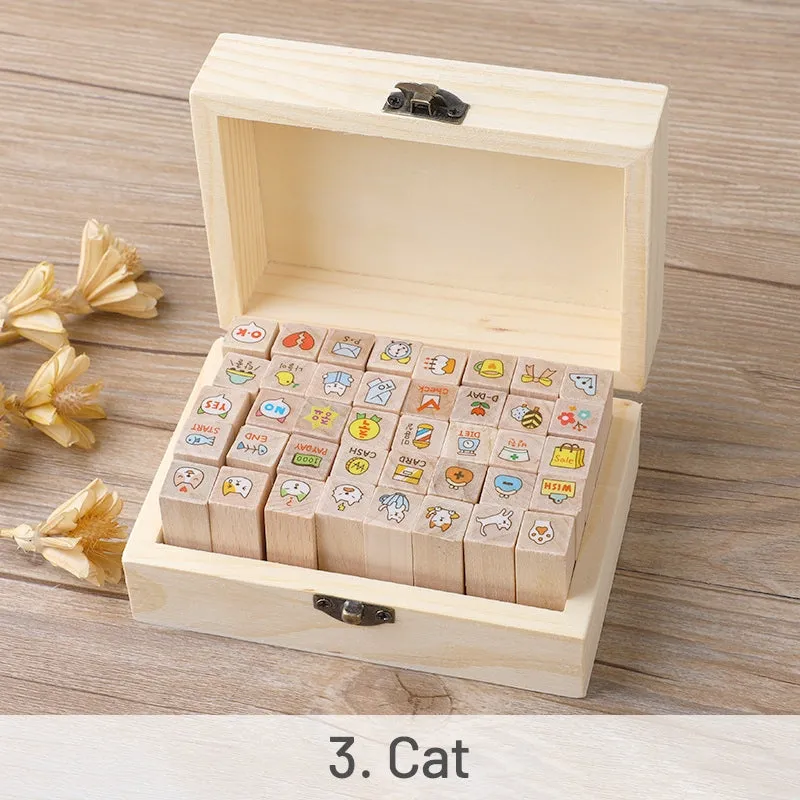 Kawaii Cartoon Rabbit & Cat Boxed Wooden Rubber Stamp Set