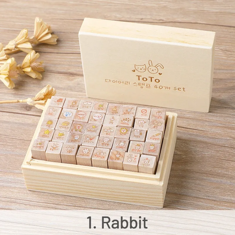 Kawaii Cartoon Rabbit & Cat Boxed Wooden Rubber Stamp Set