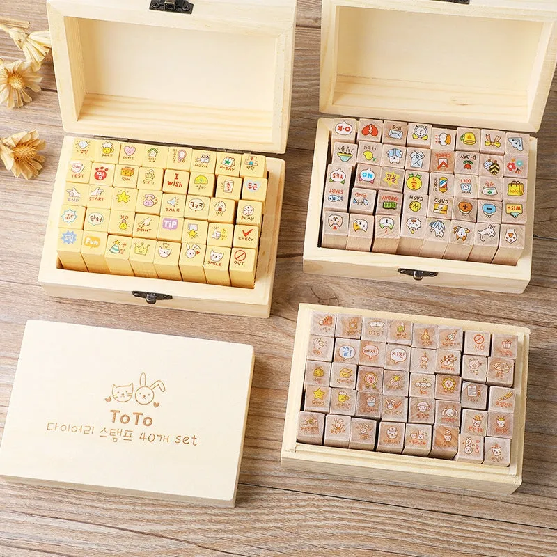 Kawaii Cartoon Rabbit & Cat Boxed Wooden Rubber Stamp Set