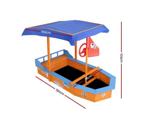 Keezi Kids Sandpit Wooden Boat Sand Pit with Canopy Bench Seat