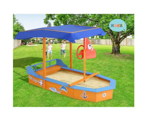 Keezi Kids Sandpit Wooden Boat Sand Pit with Canopy Bench Seat