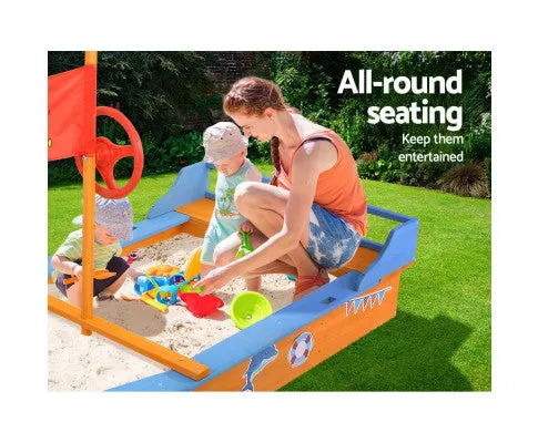 Keezi Kids Sandpit Wooden Boat Sand Pit with Canopy Bench Seat