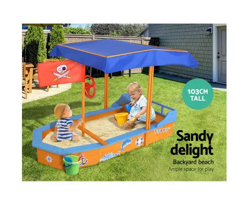 Keezi Kids Sandpit Wooden Boat Sand Pit with Canopy Bench Seat