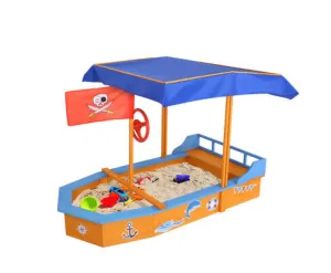 Keezi Kids Sandpit Wooden Boat Sand Pit with Canopy Bench Seat