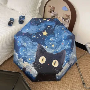Kids Black Cat Umbrella Starry Nights for Children Automatic Folding Umbrella for Kids