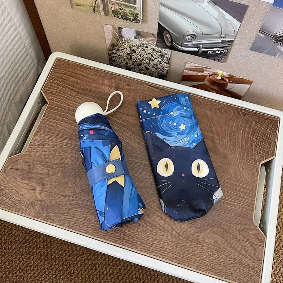 Kids Black Cat Umbrella Starry Nights for Children Automatic Folding Umbrella for Kids