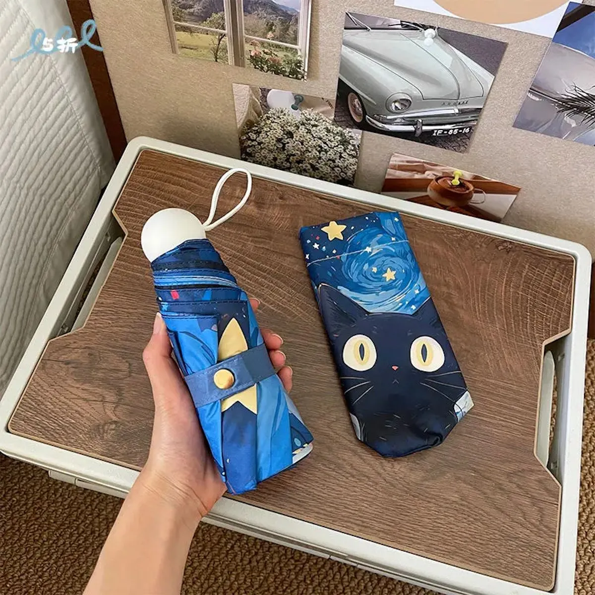 Kids Black Cat Umbrella Starry Nights for Children Automatic Folding Umbrella for Kids