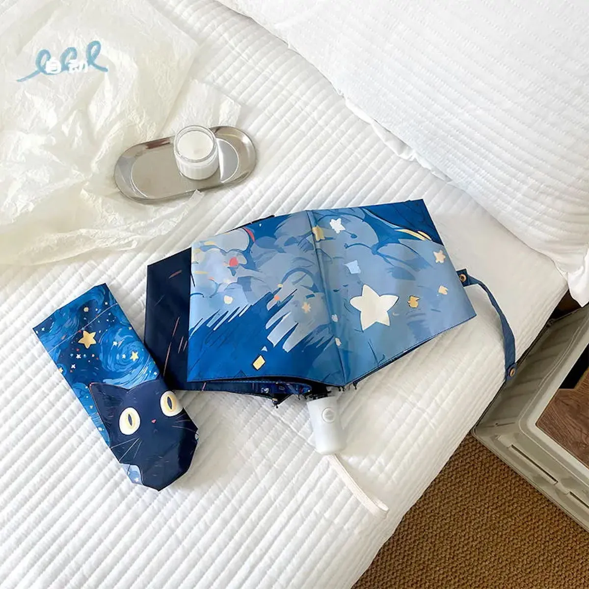 Kids Black Cat Umbrella Starry Nights for Children Automatic Folding Umbrella for Kids