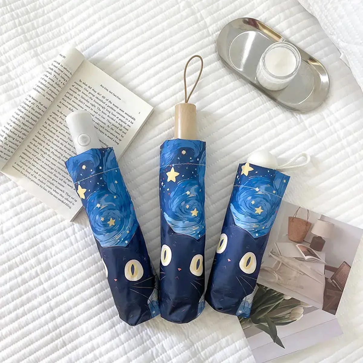 Kids Black Cat Umbrella Starry Nights for Children Automatic Folding Umbrella for Kids