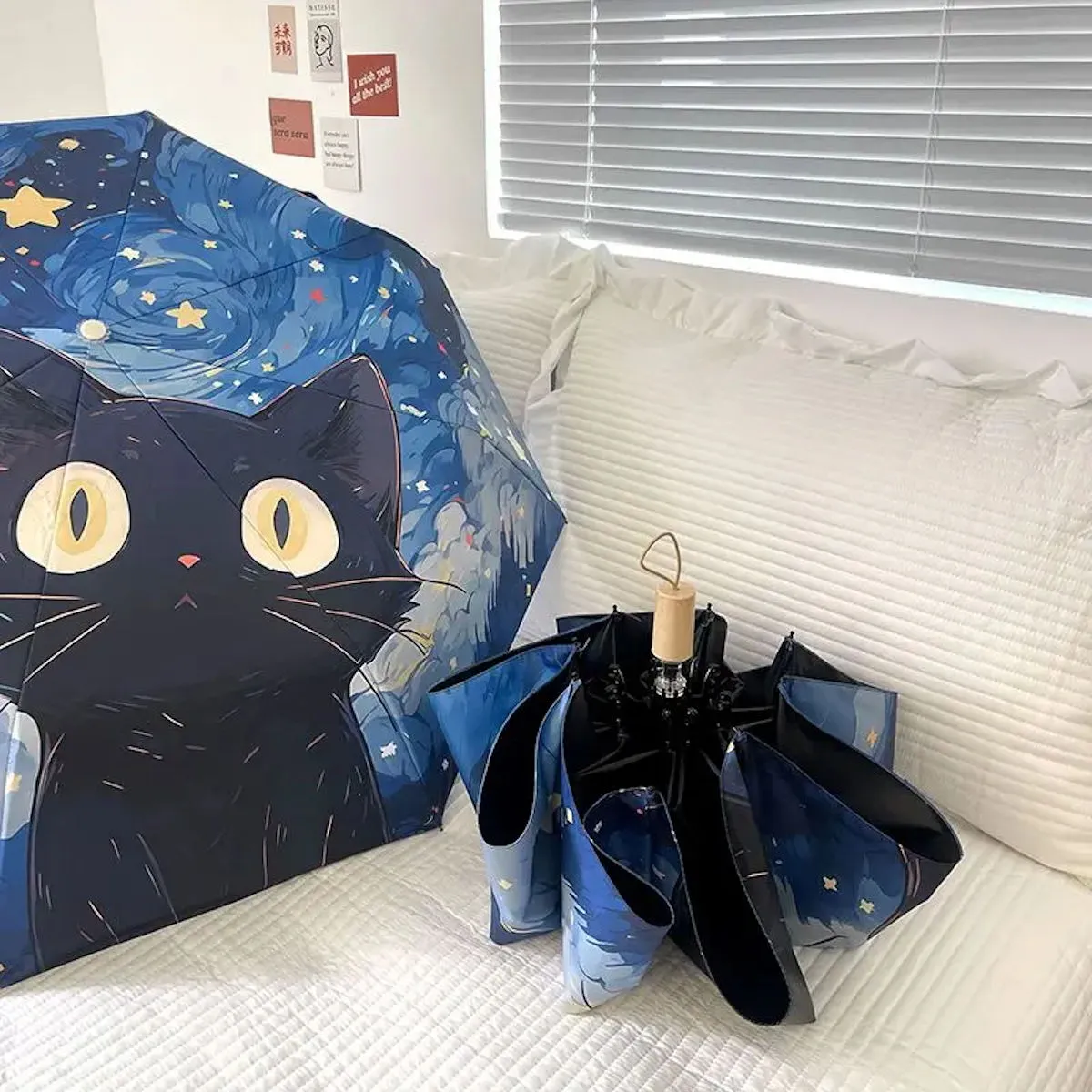 Kids Black Cat Umbrella Starry Nights for Children Automatic Folding Umbrella for Kids