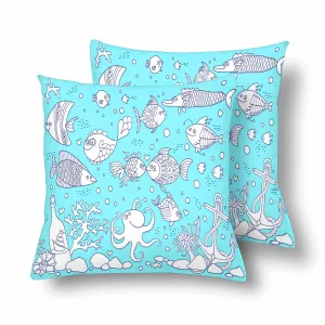 Kids Cartoon themed Pillow Cases printed with  Aquarium with fish octopus corals anchor shells
