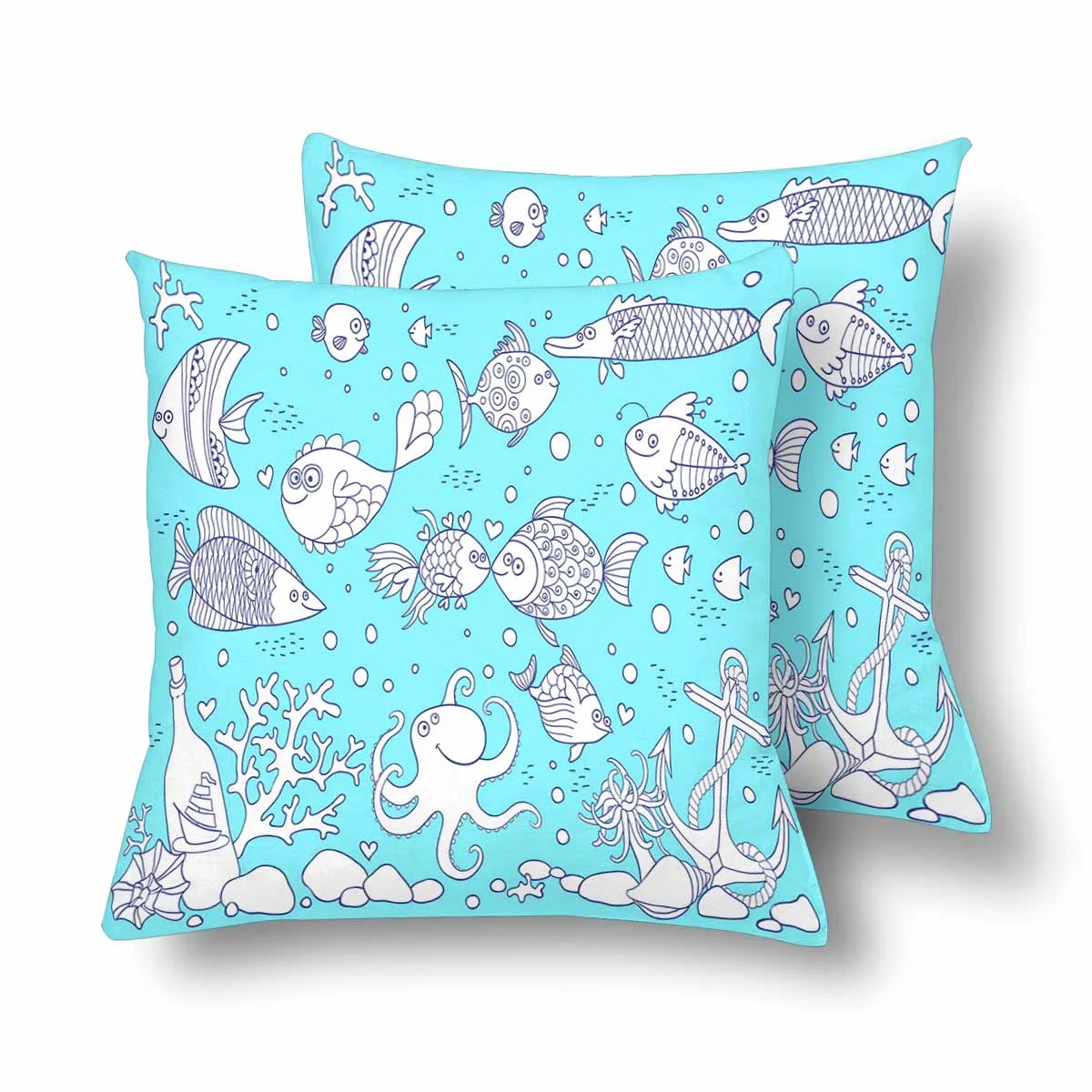 Kids Cartoon themed Pillow Cases printed with  Aquarium with fish octopus corals anchor shells