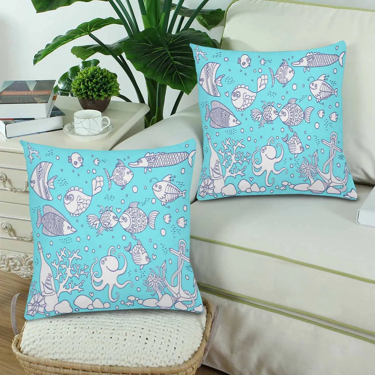 Kids Cartoon themed Pillow Cases printed with  Aquarium with fish octopus corals anchor shells