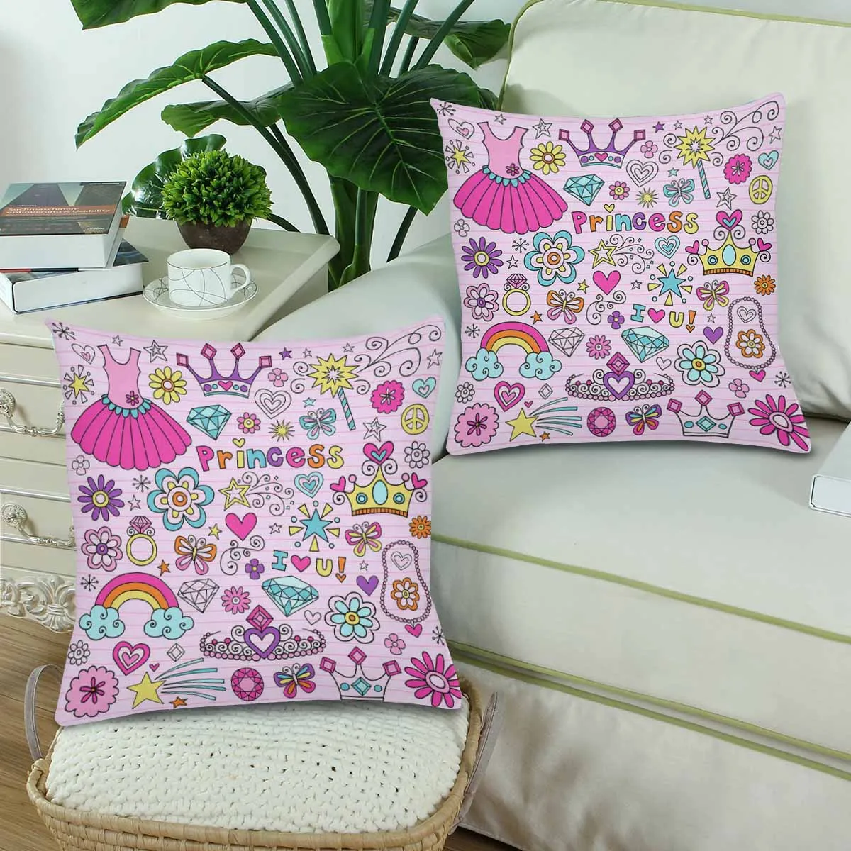 Kids Cartoon themed Pillow Cases printed with  Princess Notebook Doodles