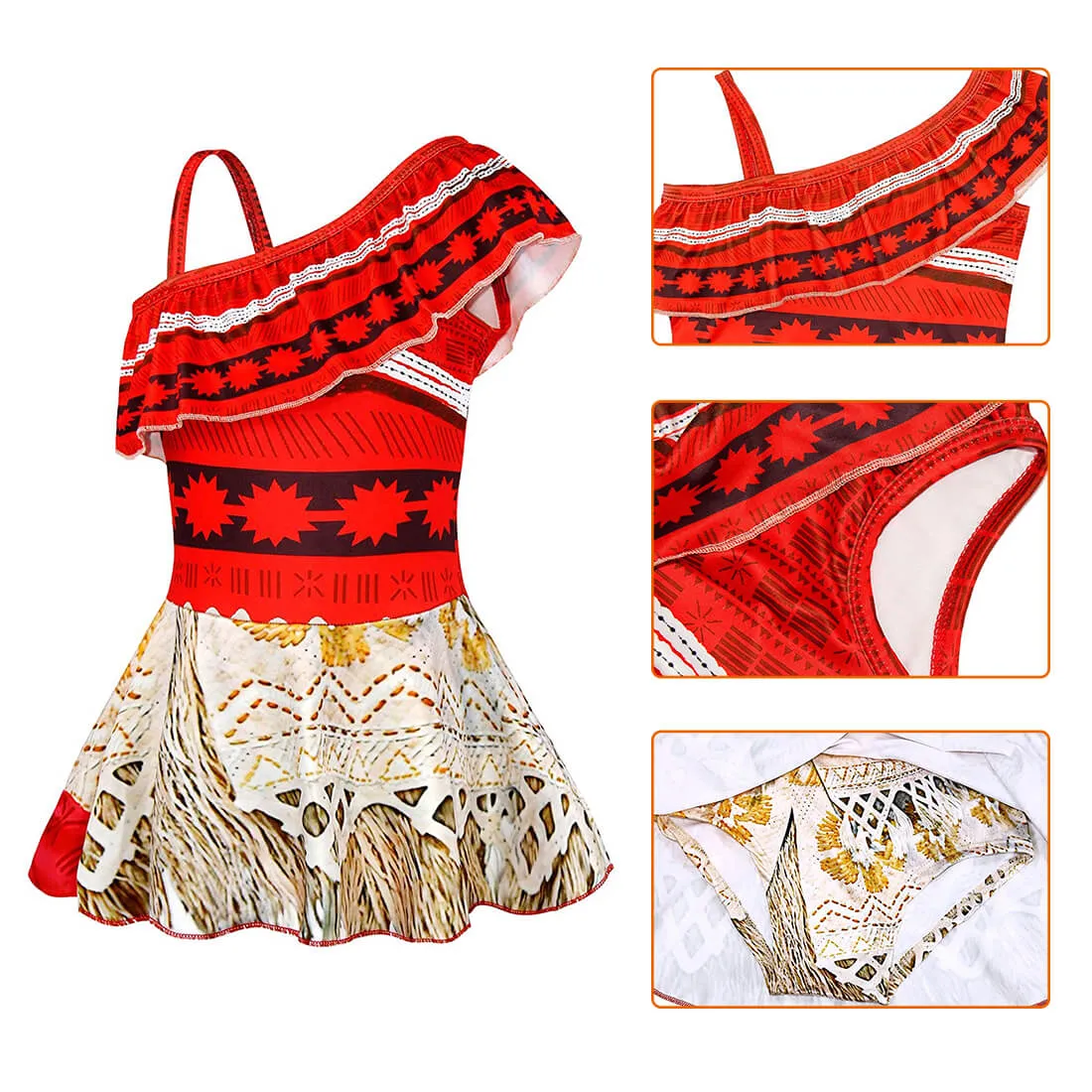 Kids Moana Swimsuits Princess Cosplay Costume Girls Polynesian Dress with Necklace for Halloween Party
