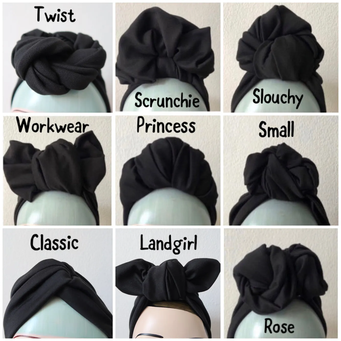 KNOT CHOICE 1940s Pre-tied Stretchy Plain Black Headband (made to order)
