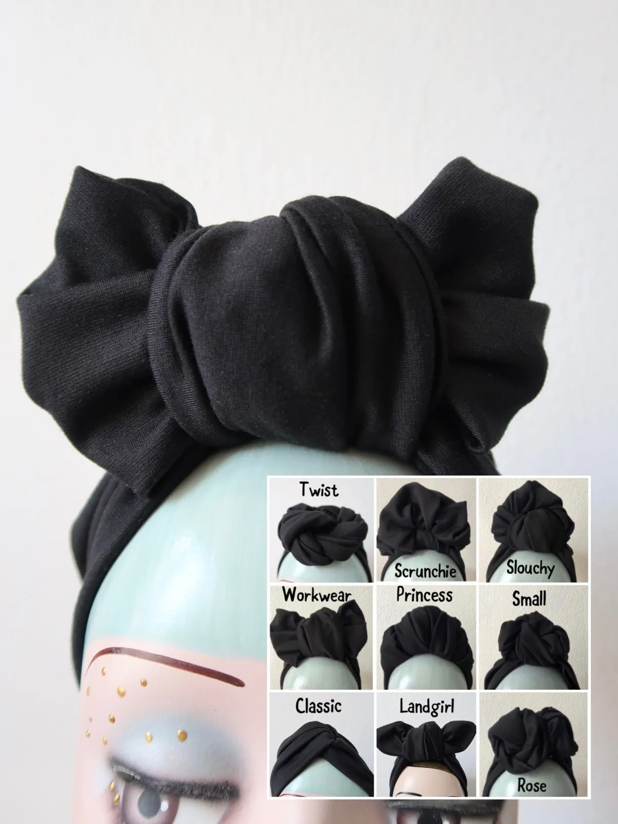 KNOT CHOICE 1940s Pre-tied Stretchy Plain Black Headband (made to order)