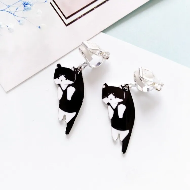 Korea Style Top Quality black white Cartoon cat pattern Clip on Earrings